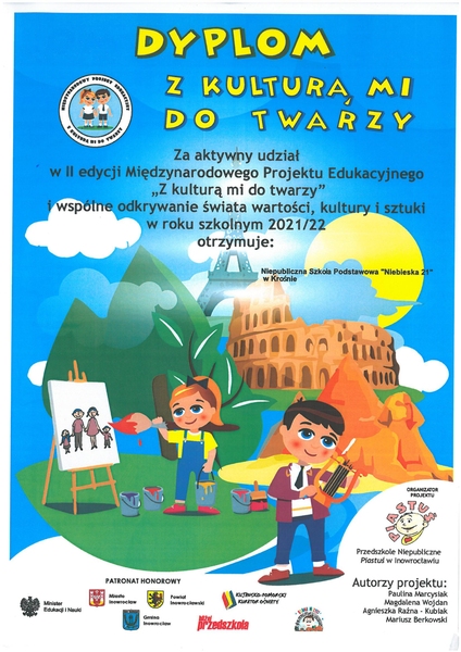 Certyfikat dla szkoły za aktywny udział w projekcie Z kulturą mi do twarzy