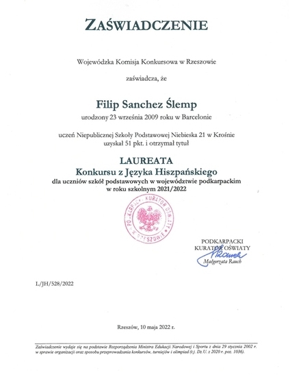 Dyplom laureata wojewódzkiego Konkursu z Języka Hiszpańskiego dla Filipa